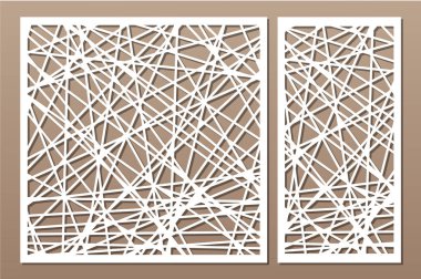 Dekoratif panel lazer kesim ayarlayın. ahşap panel. Zarif modern geometrik soyut desen. Oranı 1:2, 1:1. Vektör çizim.