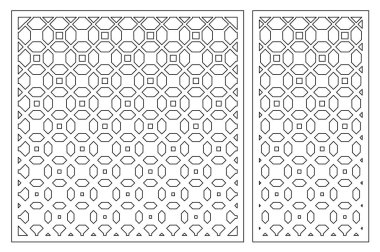 Dekoratif kart kesme için ayarlayın. Geometrik figürler desen. Lazer paneli kesilmiş. Oranı 1:1, 1:2. Vektör çizim.