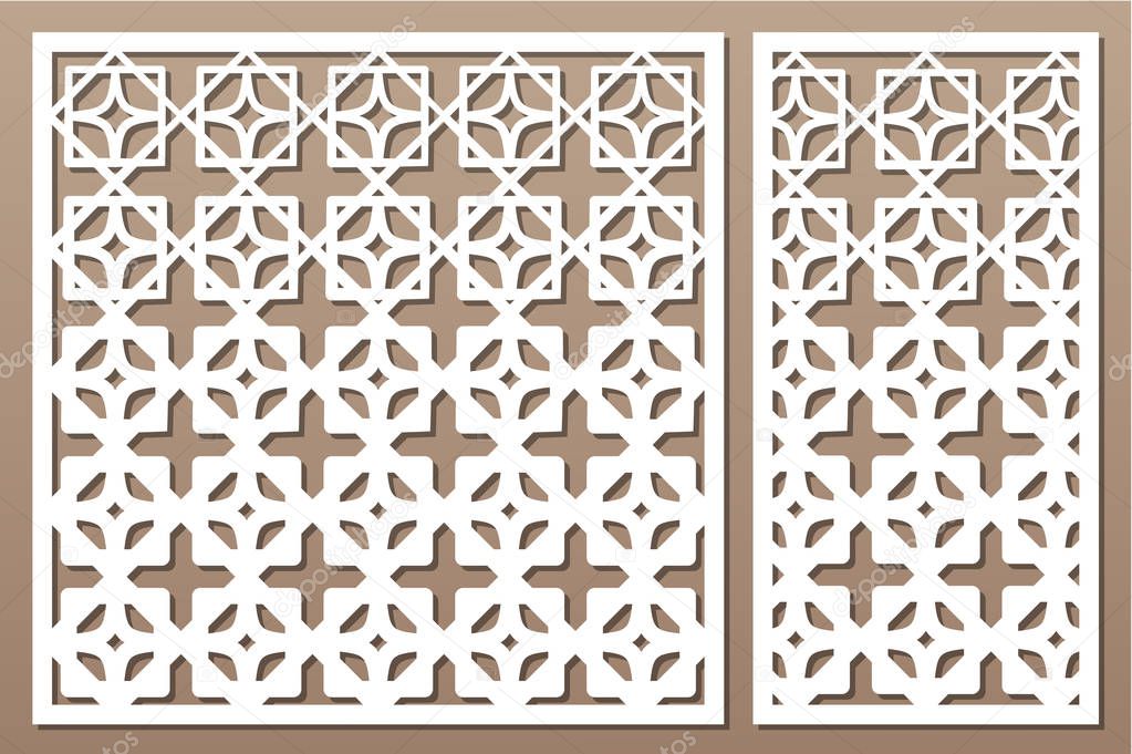 Set decorative card for cutting. Geometric figures pattern. Laser cut panel. Ratio 1:1, 1:2. Vector illustration.