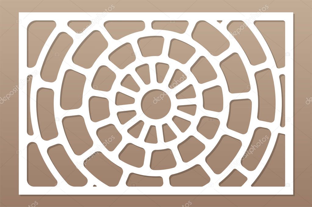 Decorative card for cutting laser or plotter. Linear circular pattern panel. Laser cut. Ratio 2:3. Vector illustration.