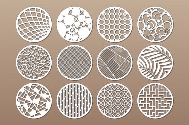 Set round template for cutting. Abstract line, geometric pattern. Laser cut. Set ratio 1:2. Vector illustration. clipart