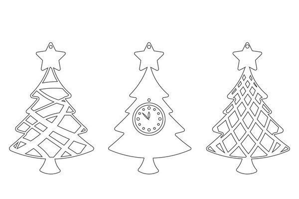 Set of Modern Christmas Tree. New Year's Toy for laser cutting. Vector illustration.