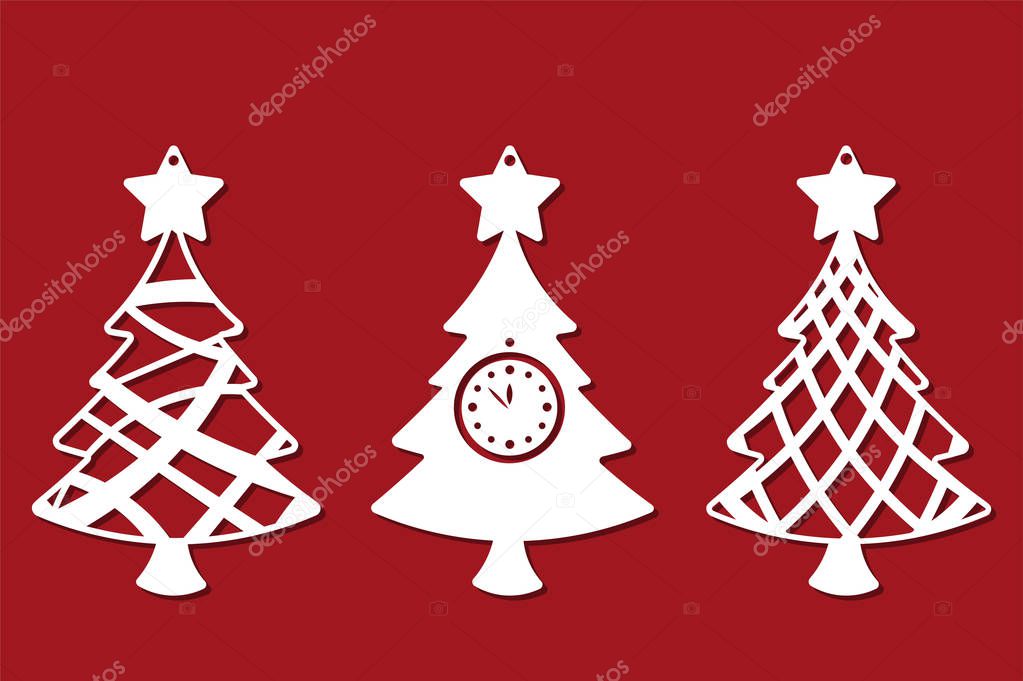 Set of Modern Christmas Tree. New Year's Toy for laser cutting. Vector illustration.