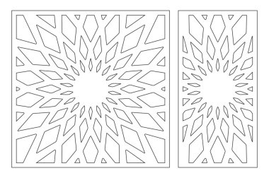 Dekoratif kart kesme için ayarlayın. Geometri, hat, çiçek deseni. Lazer paneli kesilmiş. Oranı 1:1, 1:2. Vektör çizim.