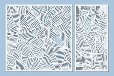 Dekoratif kart kesme için ayarlayın. Mozaik çizgi deseni. Lazer paneli kesilmiş. Oranı 1:1, 1:2. Vektör çizim.