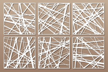 Kesme için dekoratif kart ayarlayın. Soyut doğrusal desen. Lazer kesim paneli. Oran 1:1. Vektör çizimi.