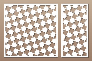 Lazer kesim paneli. Kesme için dekoratif kart ayarlayın. Geometrik kare desen. Oran 1:2, 1:1. Vektör çizimi.