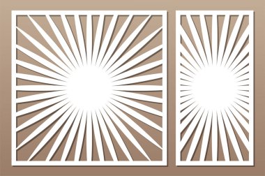 Lazer kesim paneli. Kesme için dekoratif kart ayarlayın. Geometri çizgi sanat deseni. Oran 1:2, 1:1. Vektör çizimi.