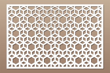 Lazer kesim paneli. Kesme için dekoratif kart. Arapça, çizgi sanatı deseni. Oran 2:3. Vektör çizimi.