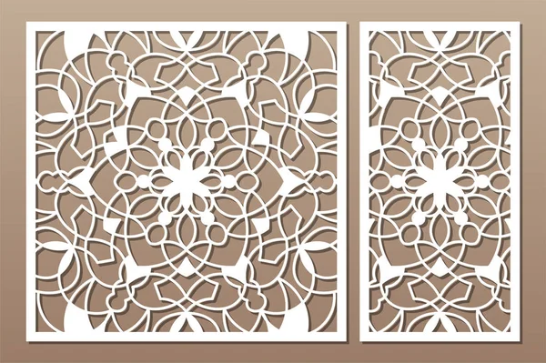 Panel de corte por láser. Set de tarjeta decorativa para cortar. Patrón de mandala étnico nacional. Relación 1: 1, 1: 2. Ilustración vectorial . — Archivo Imágenes Vectoriales