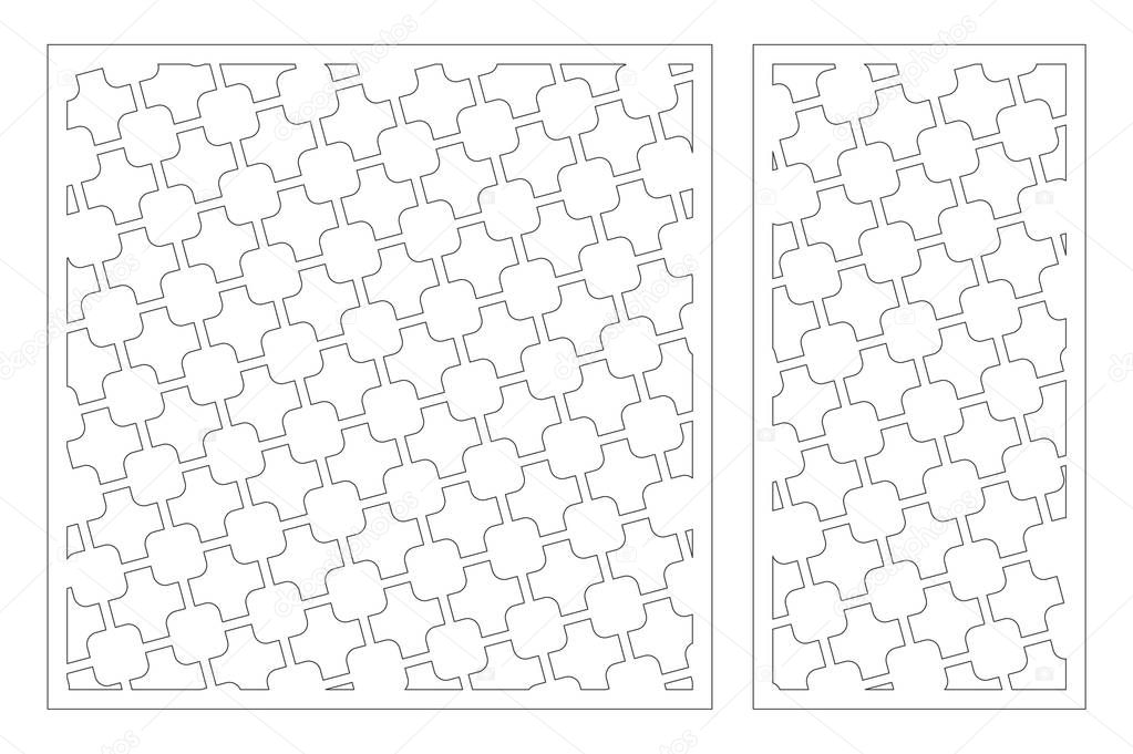 Laser cut panel. Set decorative card for cutting. Geometric square pattern. Ratio 1:2, 1:1. Vector illustration.