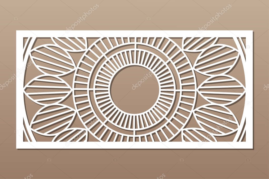 Decorative card for cutting. Mandala Geometry pattern. Laser cut panel. Ratio 1:2. Vector illustration.