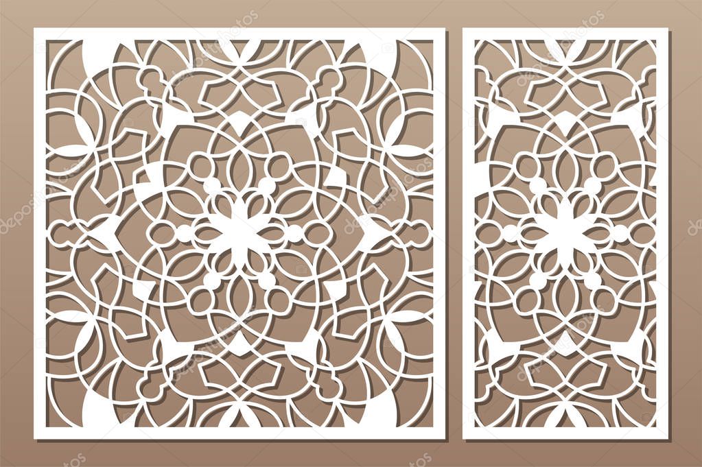 Laser cut panel. Set decorative card for cutting. National ethnic mandala pattern. Ratio 1:1, 1:2. Vector illustration.