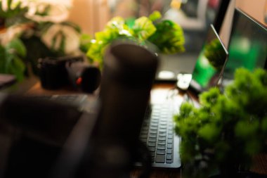 Bilgisayar, bitkiler ve sıcacık ışıklandırmanın yer aldığı modern masa kurulumu arka planı. Yaratıcı çalışma alanı, ev ofisi, masaüstü ilham kaynağı ve teknoloji temalı projeler için mükemmel..