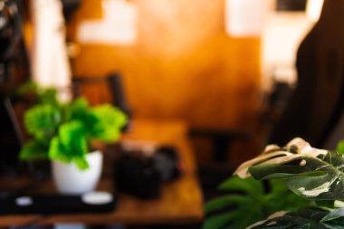 Bilgisayar, bitkiler ve sıcacık ışıklandırmanın yer aldığı modern masa kurulumu arka planı. Yaratıcı çalışma alanı, ev ofisi, masaüstü ilham kaynağı ve teknoloji temalı projeler için mükemmel..