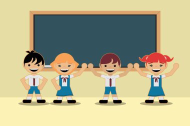 Okul derslerine geri dön. İki öğrenci kız ve iki okul üniformalı öğrenci tahtası önünde teşhir edilir. Düz biçim tasarımı.