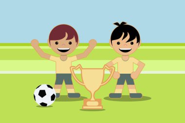 İki çocuk aynı takımda bir futbol topuyla oynuyor. Turnuva kupasını kazan. Düz biçim tasarımı
