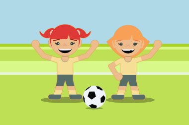 İki kız aynı takımda bir futbol topuyla oynuyor. Düz biçim tasarımı