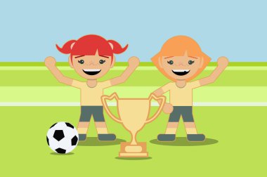 İki kız aynı takımda bir futbol topuyla oynuyor. Turnuva kupasını kazan. Düz biçim tasarımı