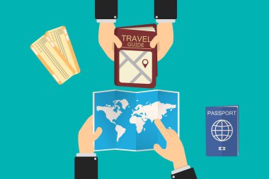Yönetici bir seyahat acentesine gider, bir harita gösterir ve ajan yerel bir turist rehberi uzatır, tatil planlama kavramı.