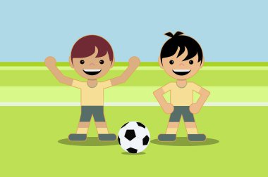 İki çocuk aynı takımda bir futbol topuyla oynuyor. Düz biçim tasarımı