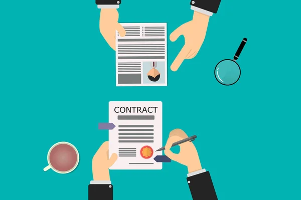Rekrytering av personal, undertecknande av kontrakt för ny kontorsanställd, rekryteraren tar läroplanen — Stock vektor