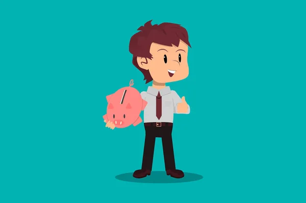 Mitarbeiter hält Sparschwein mit Ersparnissen aus seinem Gehalt, persönliches Finanzierungskonzept — Stockvektor