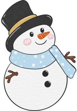 Cute snowman design with scarf and hat, perfect for winter and Christmas holiday decorations.