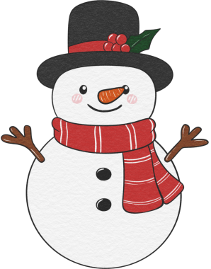 Cute snowman design with scarf and hat, perfect for winter and Christmas holiday decorations.