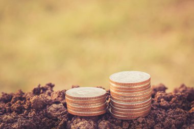 Para sikke yığını arka plan bulanık ile zemin üzerinde büyüyor. İş Finans ve para kavramı ve vintage tarzı