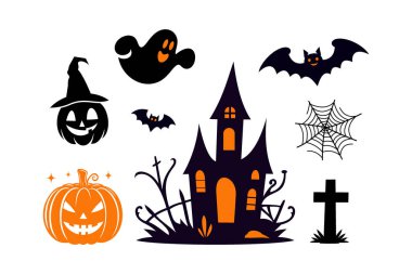 Uçan yarasalar, tüyler ürpertici hayaletler, oyulmuş balkabakları, örümcek ağı ve Cadılar Bayramı kutlamaları için mezarlık elementleriyle perili evin basit düz stili..