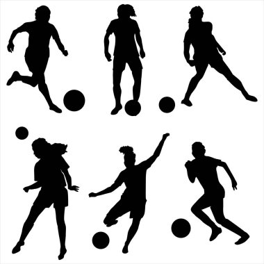 Kadın Futbolcu Siluetleri Dinamik Tekmeleme ve Topla Salya Pozisyonları