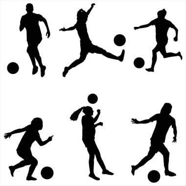  Kadın Futbolcu Siluetleri Dinamik Tekmeleme ve Topla Salya Pozisyonları