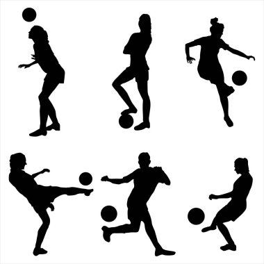  Kadın Futbolcu Siluetleri Dinamik Tekmeleme ve Topla Salya Pozisyonları