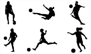  Kadın Futbolcu Siluetleri Dinamik Tekmeleme ve Topla Salya Pozisyonları