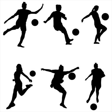  Kadın Futbolcu Siluetleri Dinamik Tekmeleme ve Topla Salya Pozisyonları