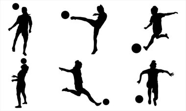  Kadın Futbolcu Siluetleri Dinamik Tekmeleme ve Topla Salya Pozisyonları