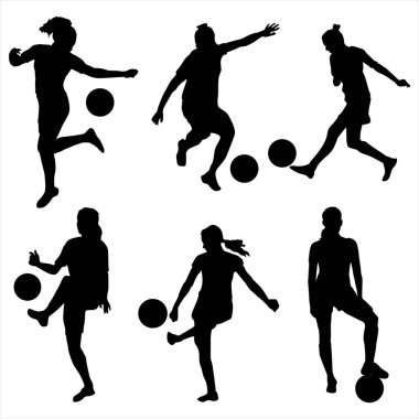  Kadın Futbolcu Siluetleri Dinamik Tekmeleme ve Topla Salya Pozisyonları