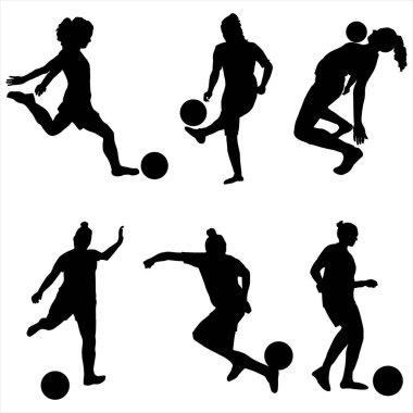  Kadın Futbolcu Siluetleri Dinamik Tekmeleme ve Topla Salya Pozisyonları