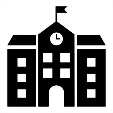 Okul Binası Silueti Simgesi Saat Kulesi ve Öğrenim, Kampüs ve Kurumsal Tasarım Bayrağı ile Siyahi Eğitim Yapısı