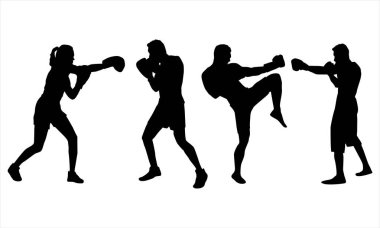 Dövüş Sanatları Silueti Simgesi Dövüş Pozisyonları: Yumruk, Tekme ve Spor, Fitness ve Eylem Tasarımı İçin Savunma Duruşmaları