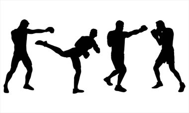 Dövüş Sanatları Silueti Simgesi Dövüş Pozisyonları: Yumruk, Tekme ve Spor, Fitness ve Eylem Tasarımı İçin Savunma Duruşmaları