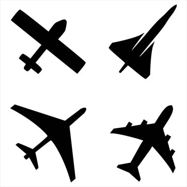 Uçak simgesi üst görünümü. Düz uçak simgesi seti. Vektör düzlem sembolleri. Vektör izole tasarım elemanı. siluet uçak vektörü.