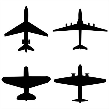 Uçak simgesi üst görünümü. Düz uçak simgesi seti. Vektör düzlem sembolleri. Vektör izole tasarım elemanı. siluet uçak vektörü.