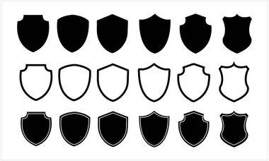 Katı, Taslak ve Logolar, Amblemler ve Rozet Yaratma İçin Süslü Tasarımlar içeren Kalkan Simgesi Siyah Siluetleri