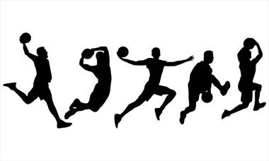 Basketbolcuların siluetleri beyaz arkaplanda ayarlandı