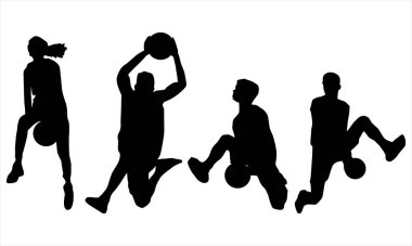 Basketbolcuların siluetleri beyaz arkaplanda ayarlandı