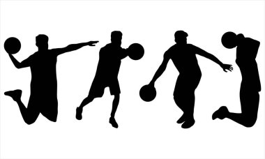 Basketbolcuların siluetleri beyaz arkaplanda ayarlandı