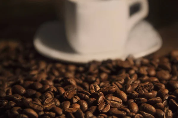 Copo branco e café grãos aromáticos de marrom — Fotografia de Stock