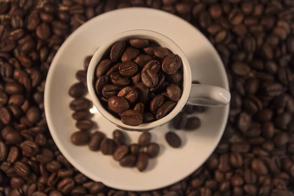 Copo branco e café grãos aromáticos de marrom — Fotografia de Stock